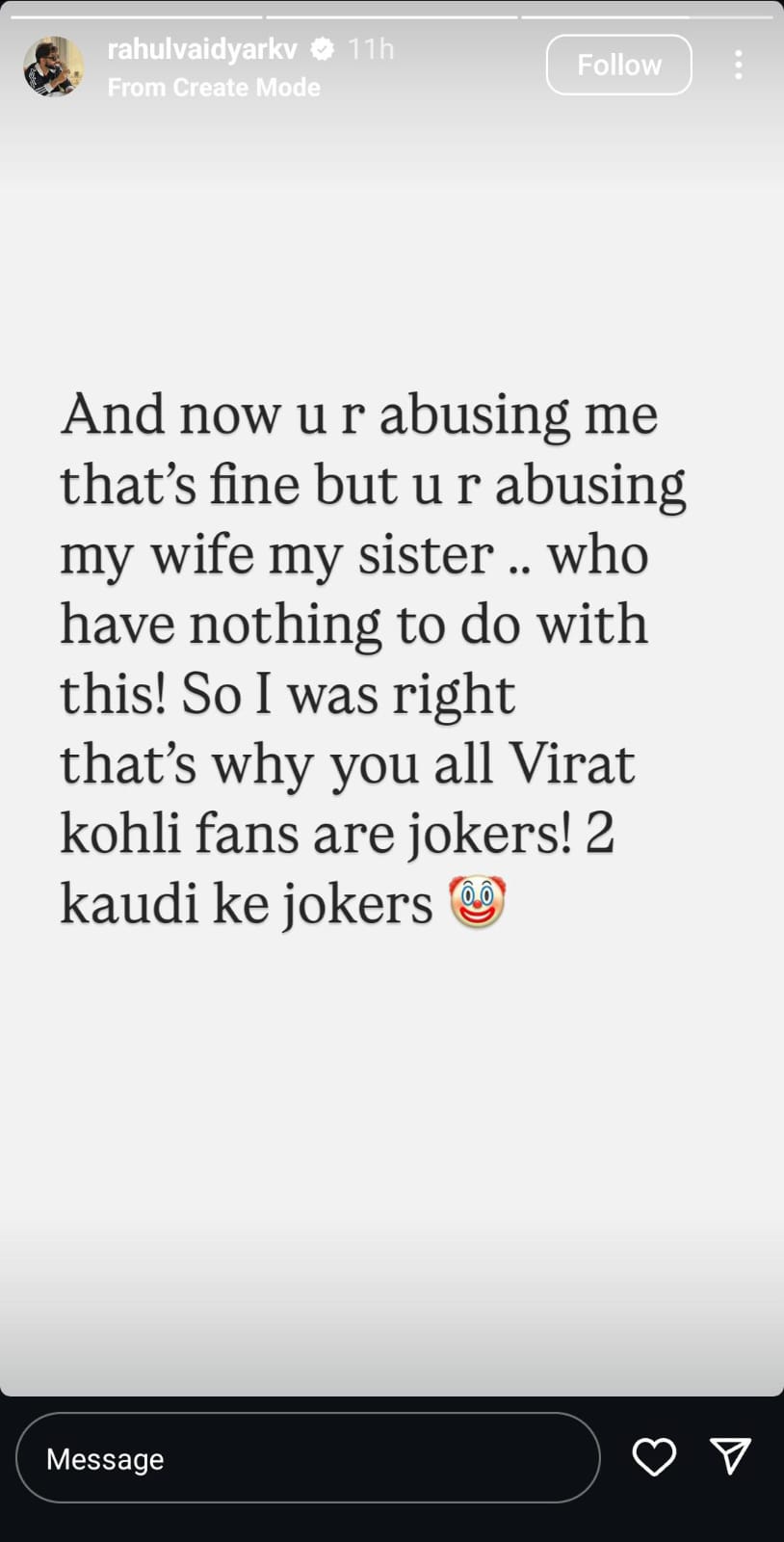 Rahul Vaidya's IG Story