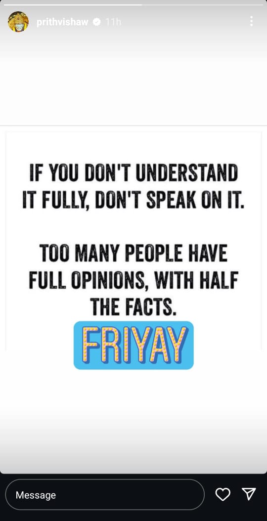 Prithvi Shaw's IG Story