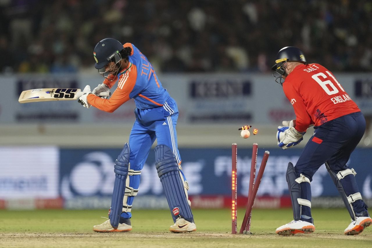 Tilak Varma dismissed on Adil Rashid's spell