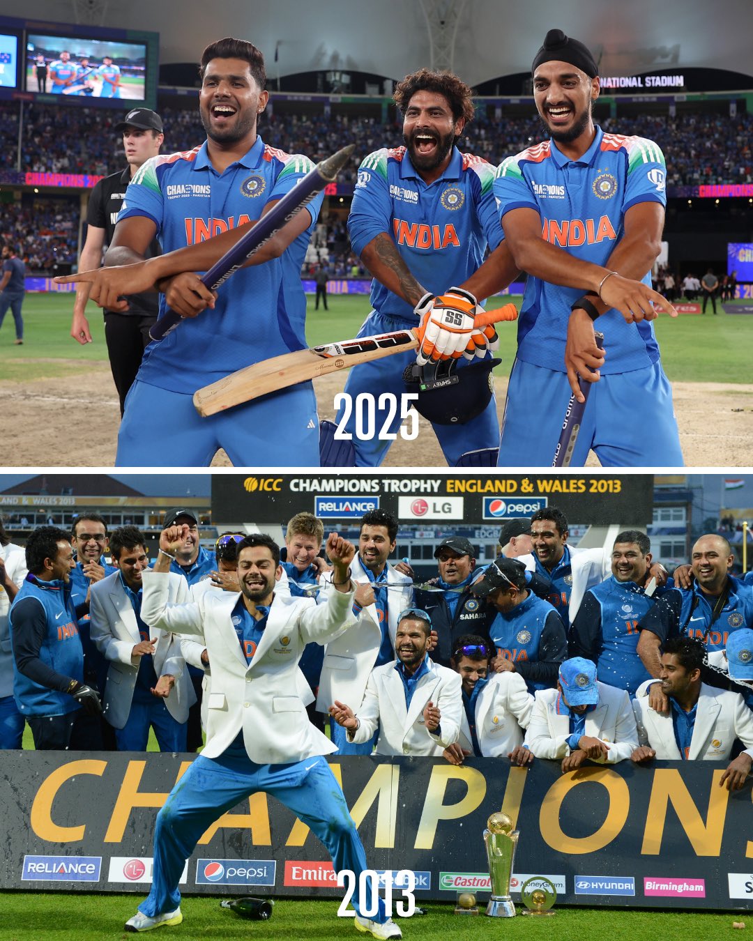 Arshdeep, Harshit and Jadeja celebrate after CT 2025 Win