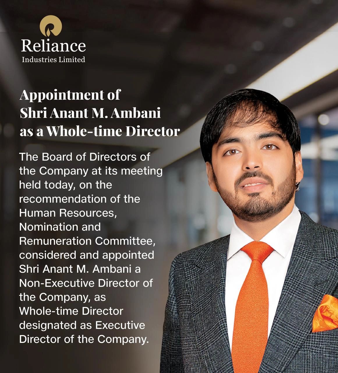 Anant Ambani to lead reliance as executive director from May 1