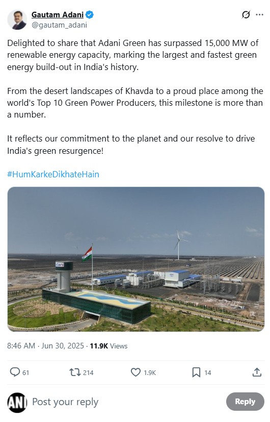 Adani Green tops India with fastest 15,000 MW capacity addition